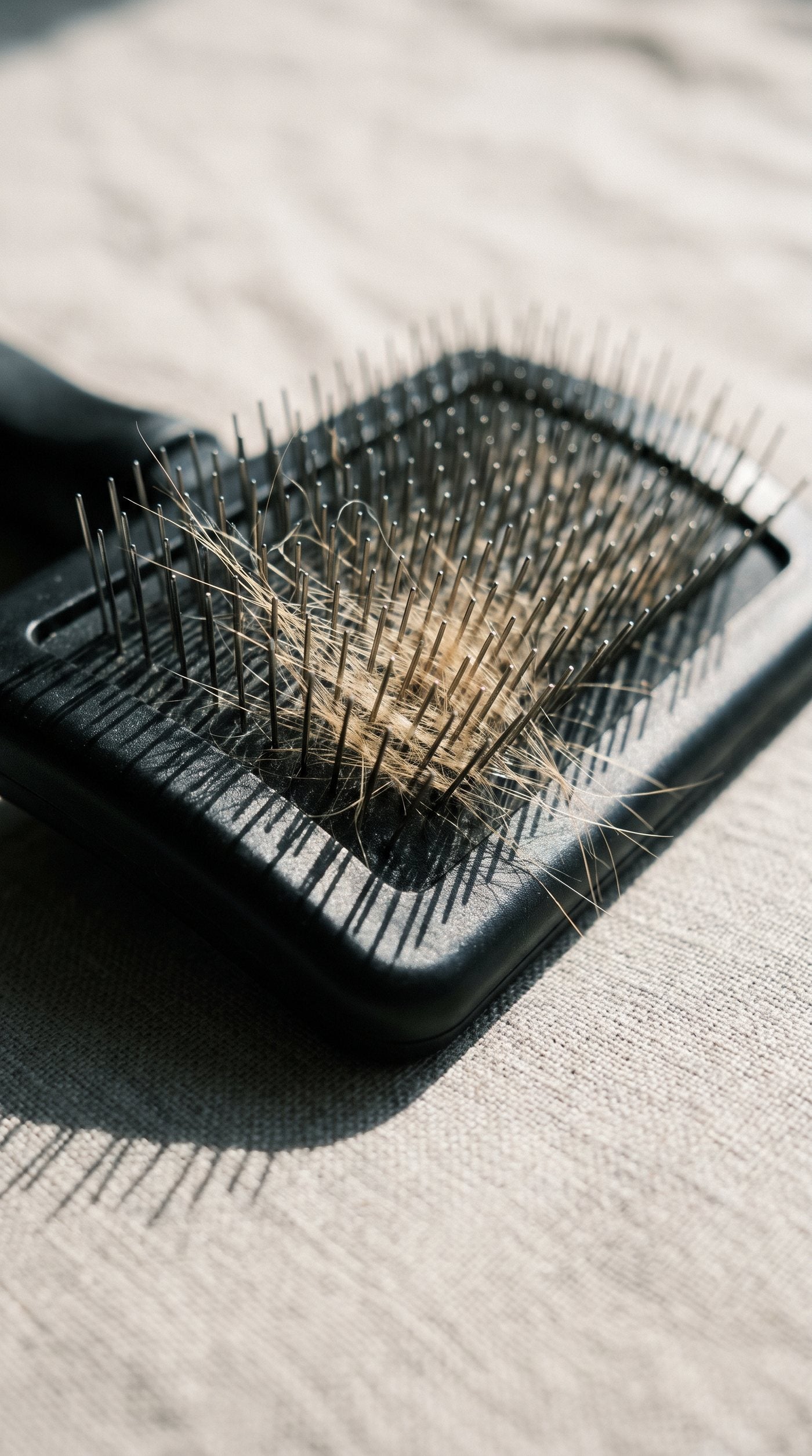 Une brosse à picots métalliques, ses dents encombrées de poils
