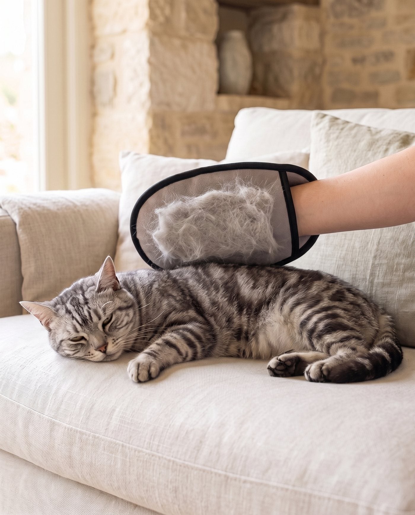 Une main gantée caressant un chat tigré gris allongé sur un canapé