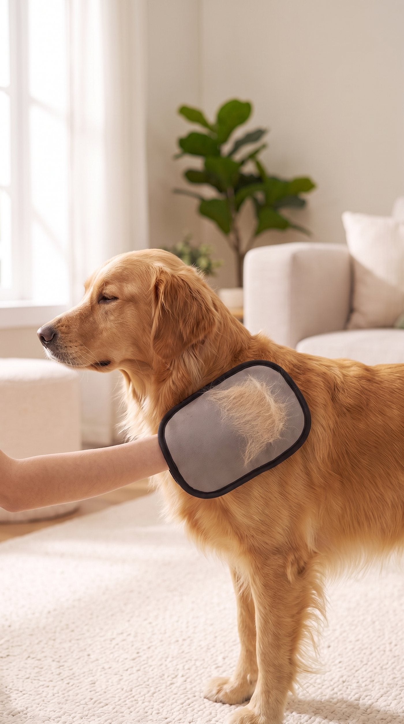 Un golden retriever détendu dans un salon pendant le passage du gant