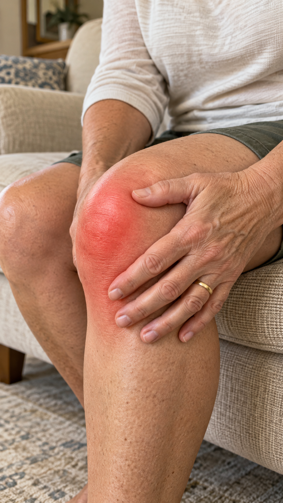 Person seated on a sofa holding a painful knee