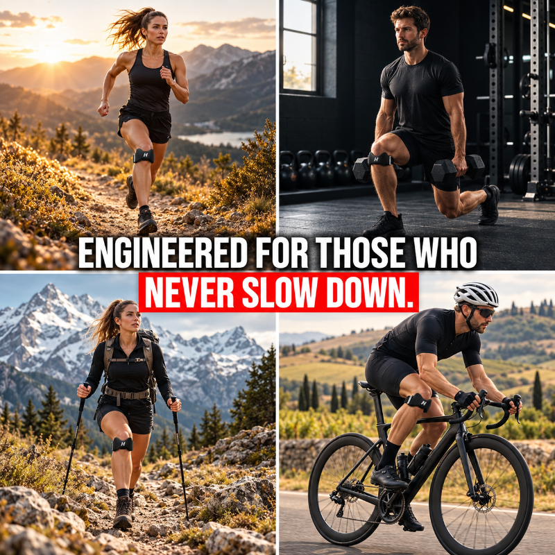 Runner, gym athlete, hiker and cyclist each wearing a patella strap below the kneecap