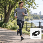 Man running by the water wearing a patella strap for runner's knee