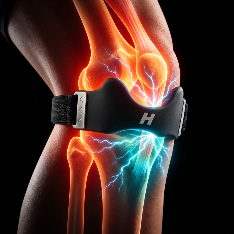 Illustration of the H Strap pressing on the patellar tendon just below the kneecap