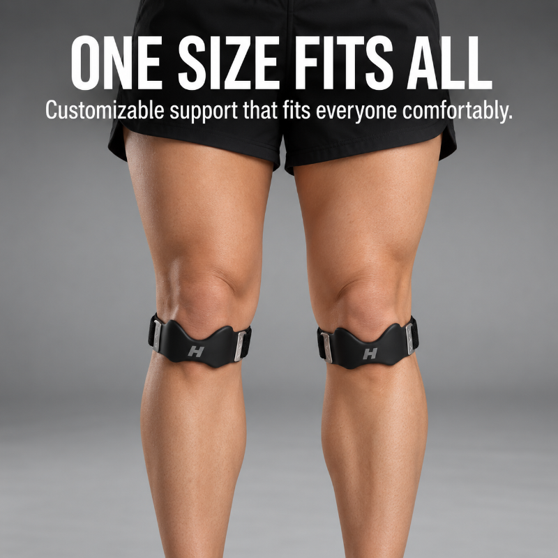 One-size patella strap worn just below the kneecap on both knees