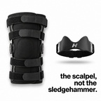 Bulky hinged knee brace next to the small H Strap patella strap