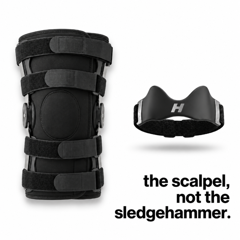 Bulky hinged knee brace next to the small H Strap patella strap