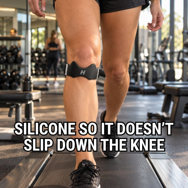 Silicone patella strap staying in place below the kneecap while walking