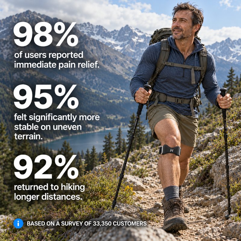 Hiker with trekking poles wearing a knee strap for knee pain on a mountain trail
