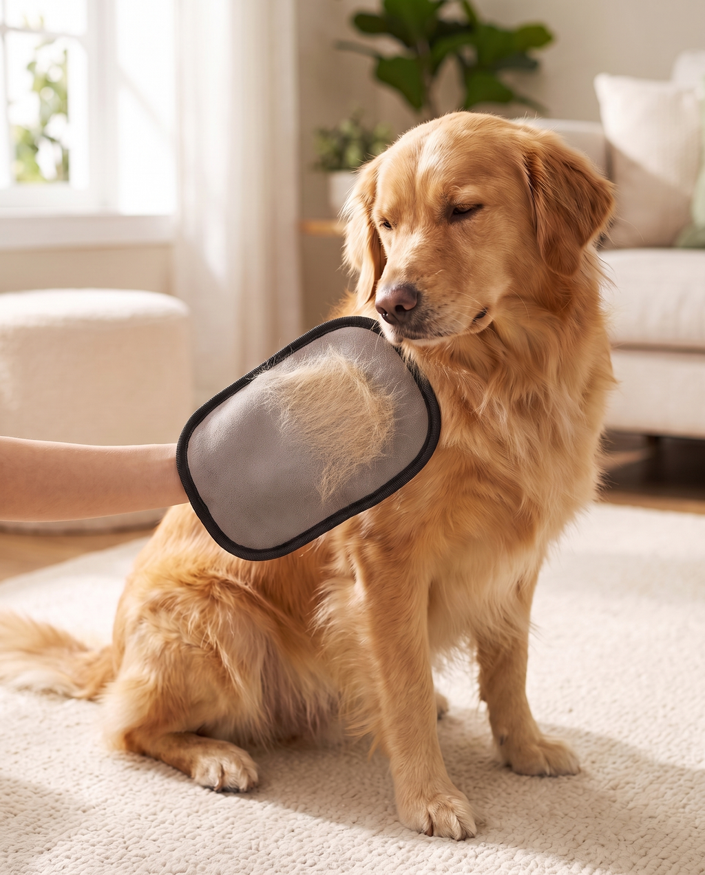 Une main gantée caressant le flanc d'un golden retriever, les poils accrochés sur la face grise en velours ras