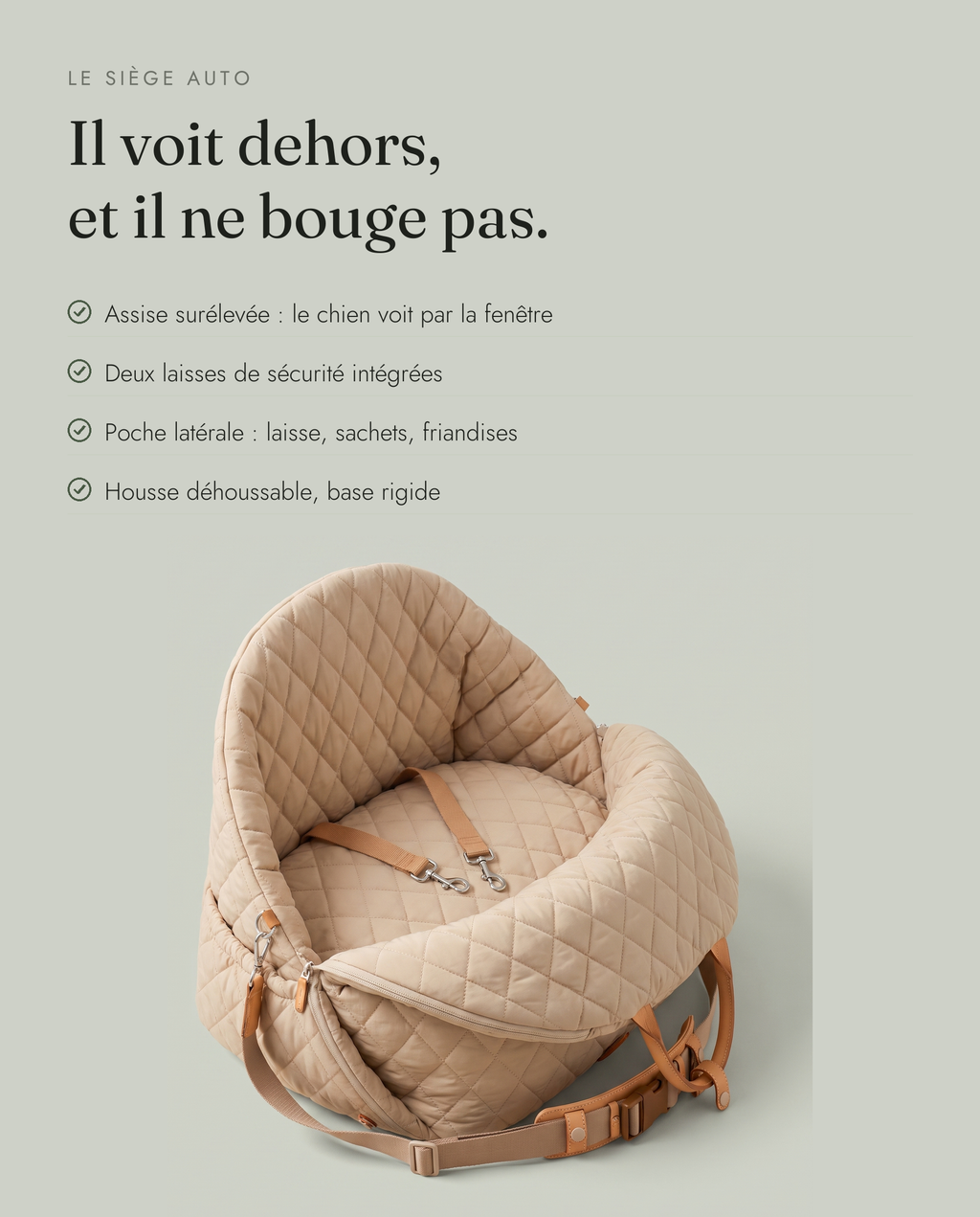 Les quatre bénéfices du Siège Auto : assise surélevée, deux laisses de sécurité, poche latérale, housse déhoussable