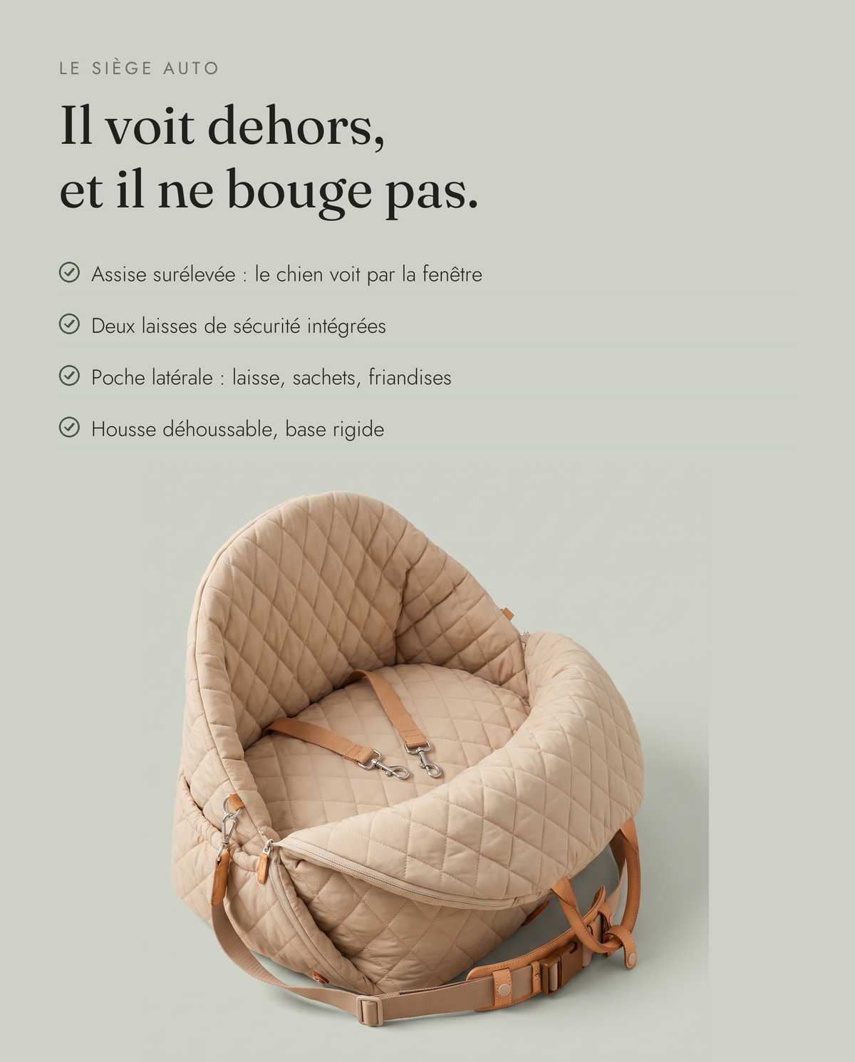 Les quatre bénéfices du Siège Auto : assise surélevée, deux laisses de sécurité, poche latérale, housse déhoussable