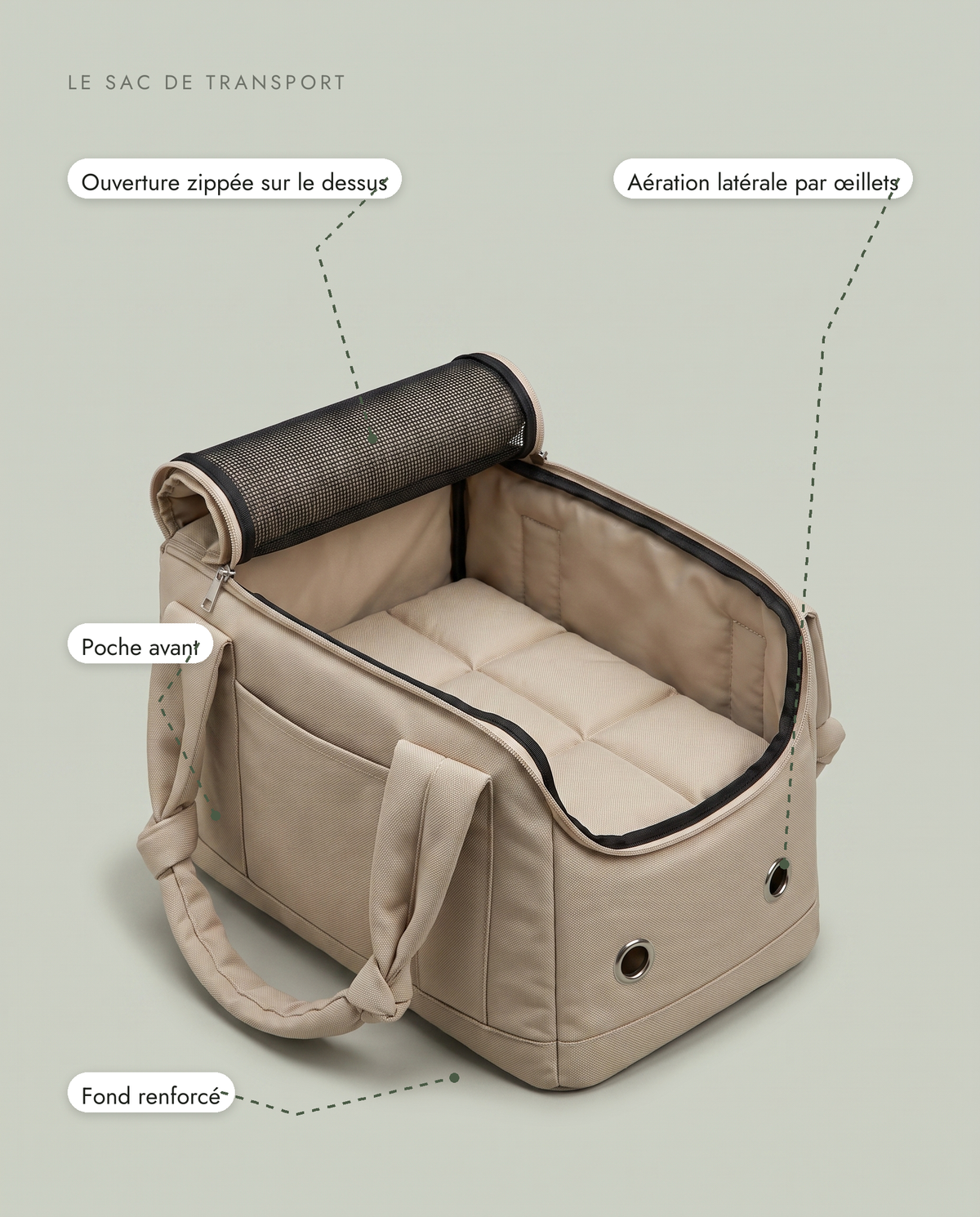 Les détails du sac : ouverture zippée sur le dessus, aération latérale par œillets, poche avant, fond renforcé