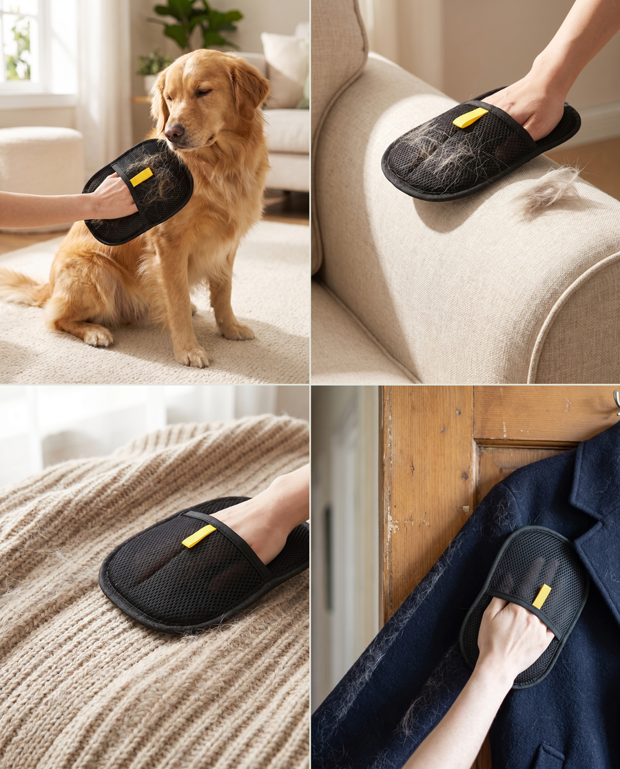 Une main gantée brosse un petit chien couché au sol