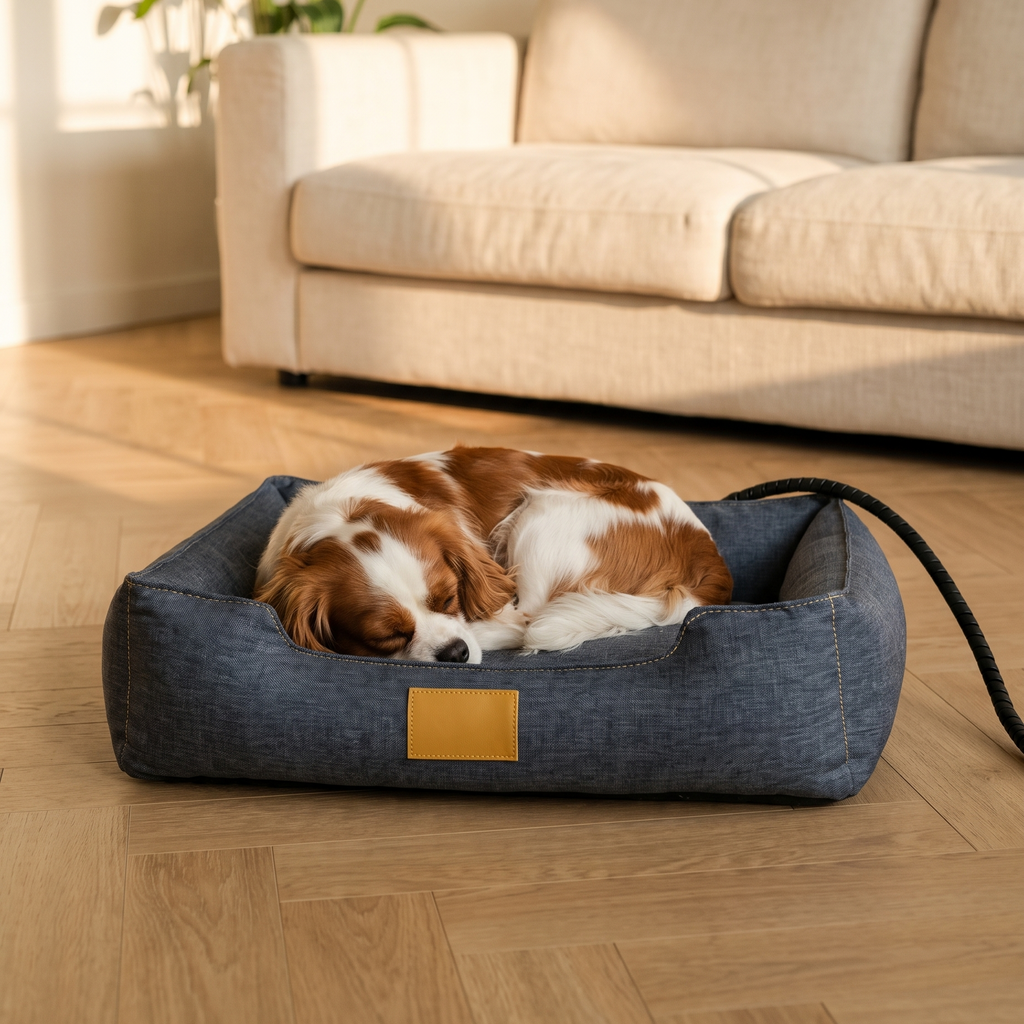 Un cavalier king charles endormi dans le Panier Chauffant, sur un parquet chêne clair