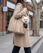 Un petit spitz la tête sortie de l'ouverture du sac, porté à l'épaule dans la rue