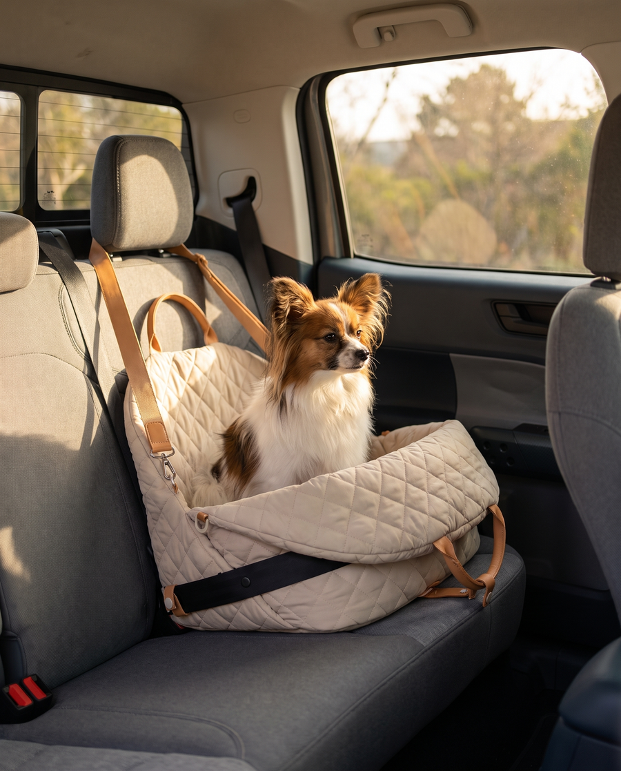 Un spitz assis dans un siège auto matelassé beige
