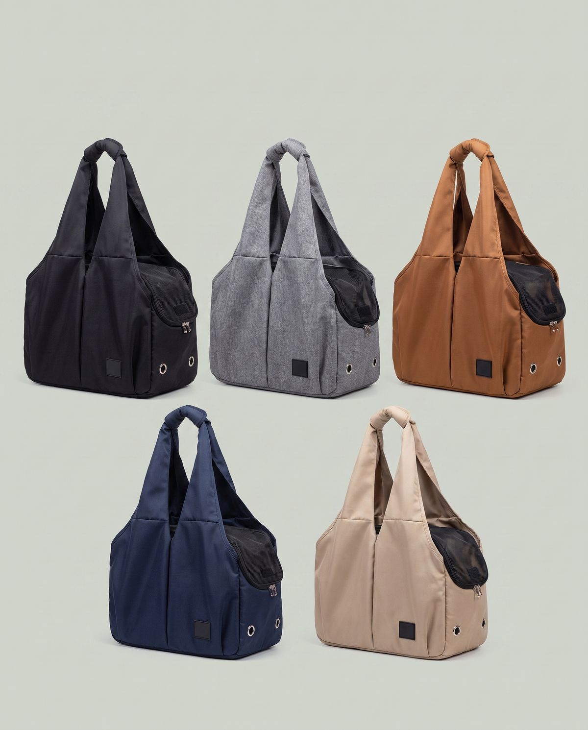 Les cinq coloris du Sac de Transport : noir, gris chiné, caramel, bleu nuit, beige
