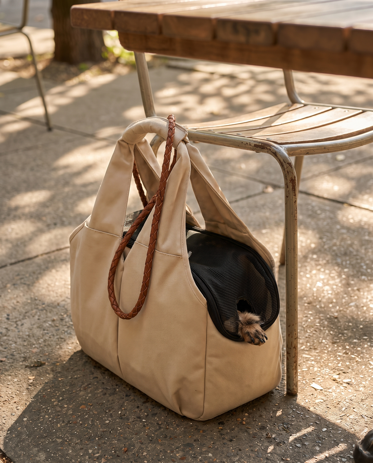 Le sac posé au pied d'une chaise de café, la laisse enroulée sur l'anse