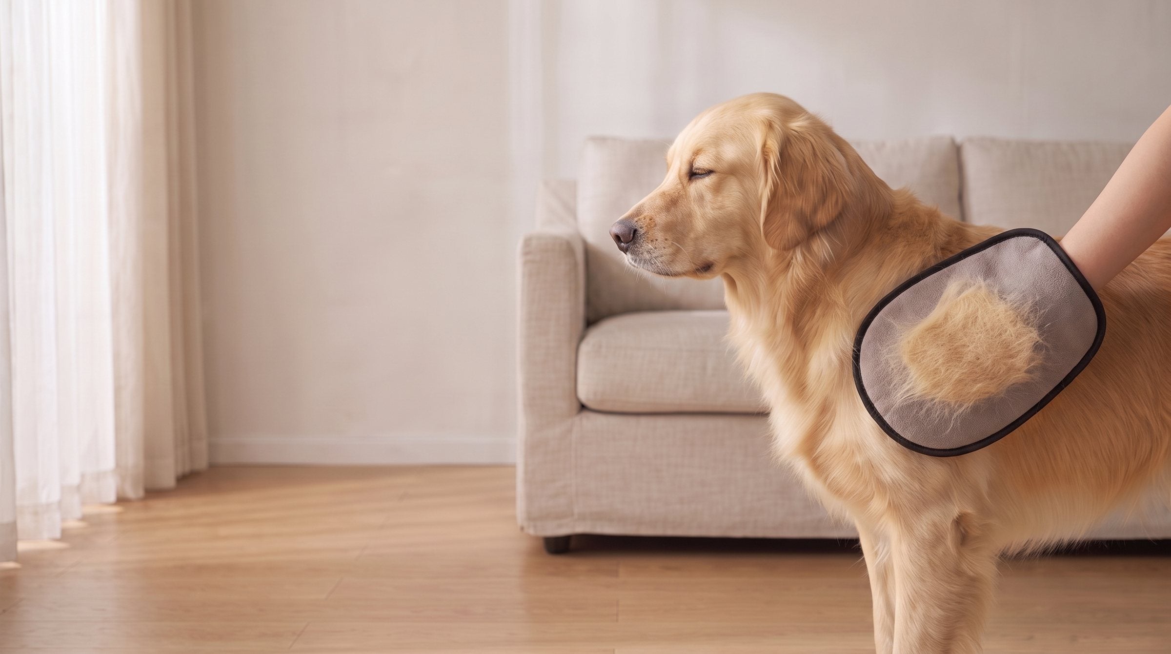 Un golden retriever calme dans un salon clair, une main gantée passant le long de son flanc
