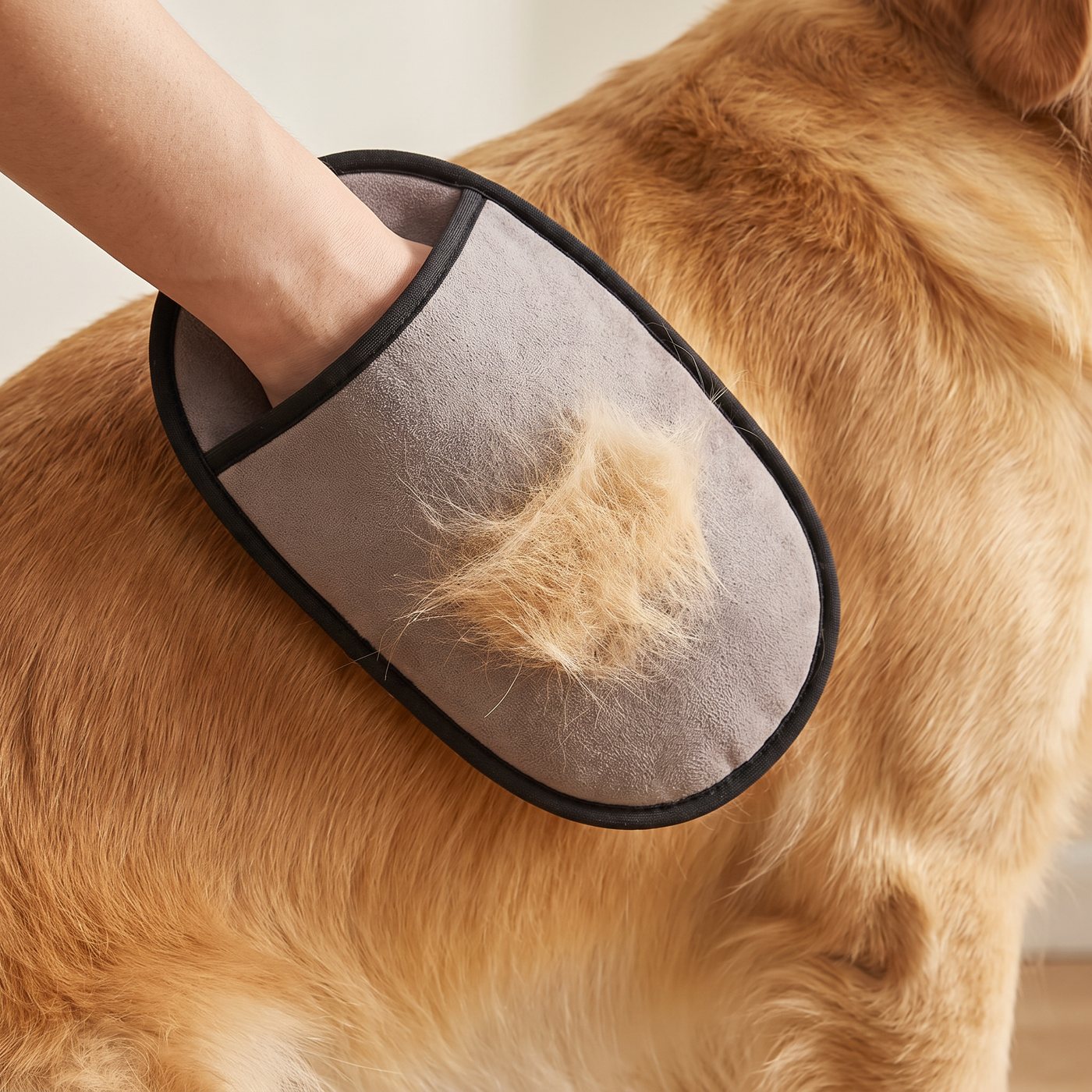 Main gantée passée le long du flanc d'un golden retriever, les poils s'accumulant sur la face grise