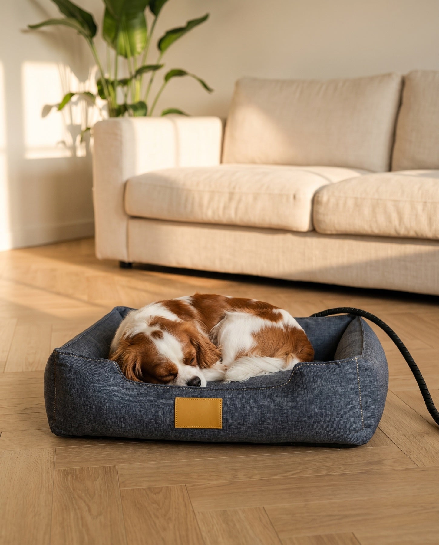 Un cavalier king charles endormi dans le Panier Chauffant, sur un parquet chêne clair